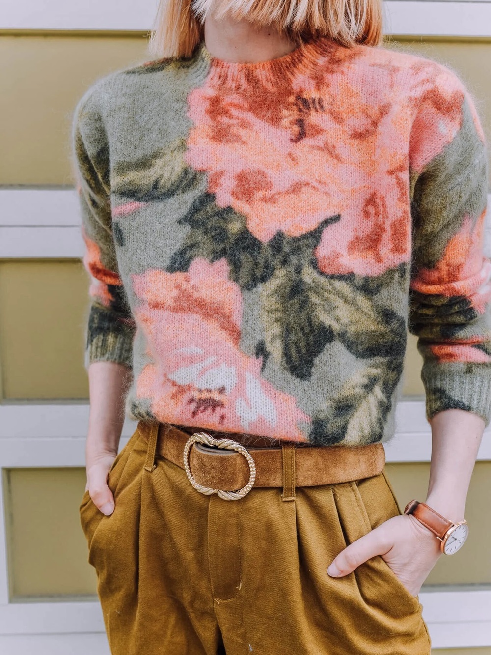 La Maille Sezane Floral Print Crew Neck Sweater in Sage Green, Olive and Pink